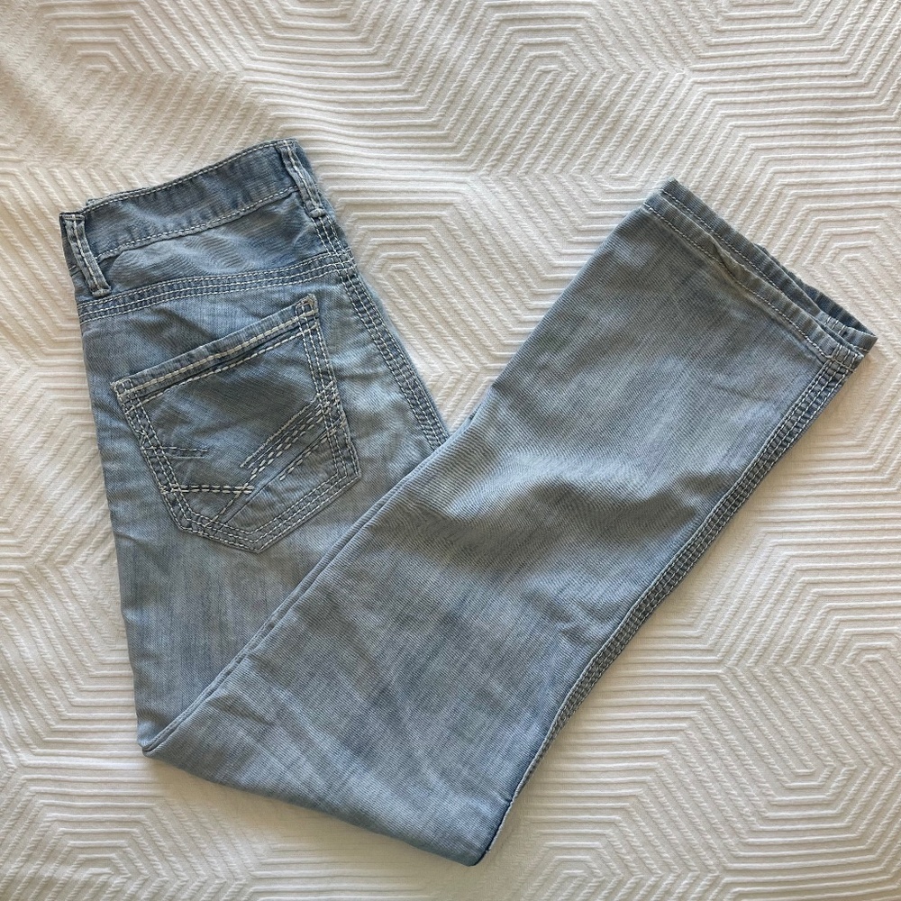 BKE Men's 30R Jake Straight Jeans Faded Light Blue Denim Stretch White Stitch - Picture 2 of 15